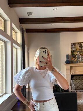 Zara White Puff Sleeve Short Sleeve Tee